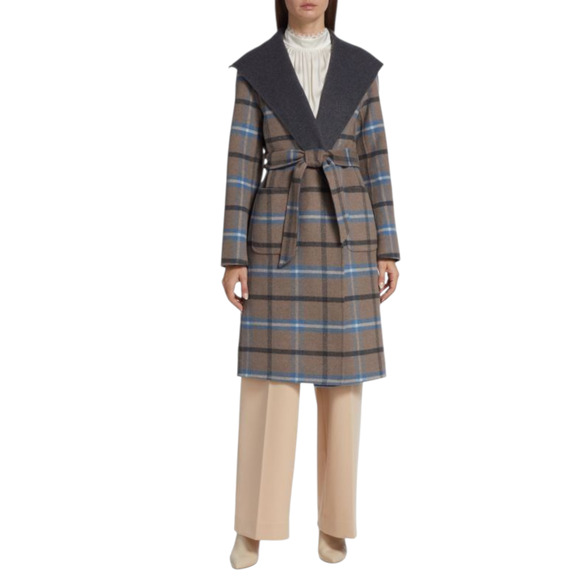 $475 NWT Elie Tahari Womens Wool Blend Wrap Coat Size Large Gray Plaid Belted - Picture 1 of 13